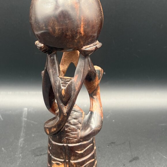 Vintage 1970s Wooden Hand Carved African Unity Globe Statue - Picture 2 of 4